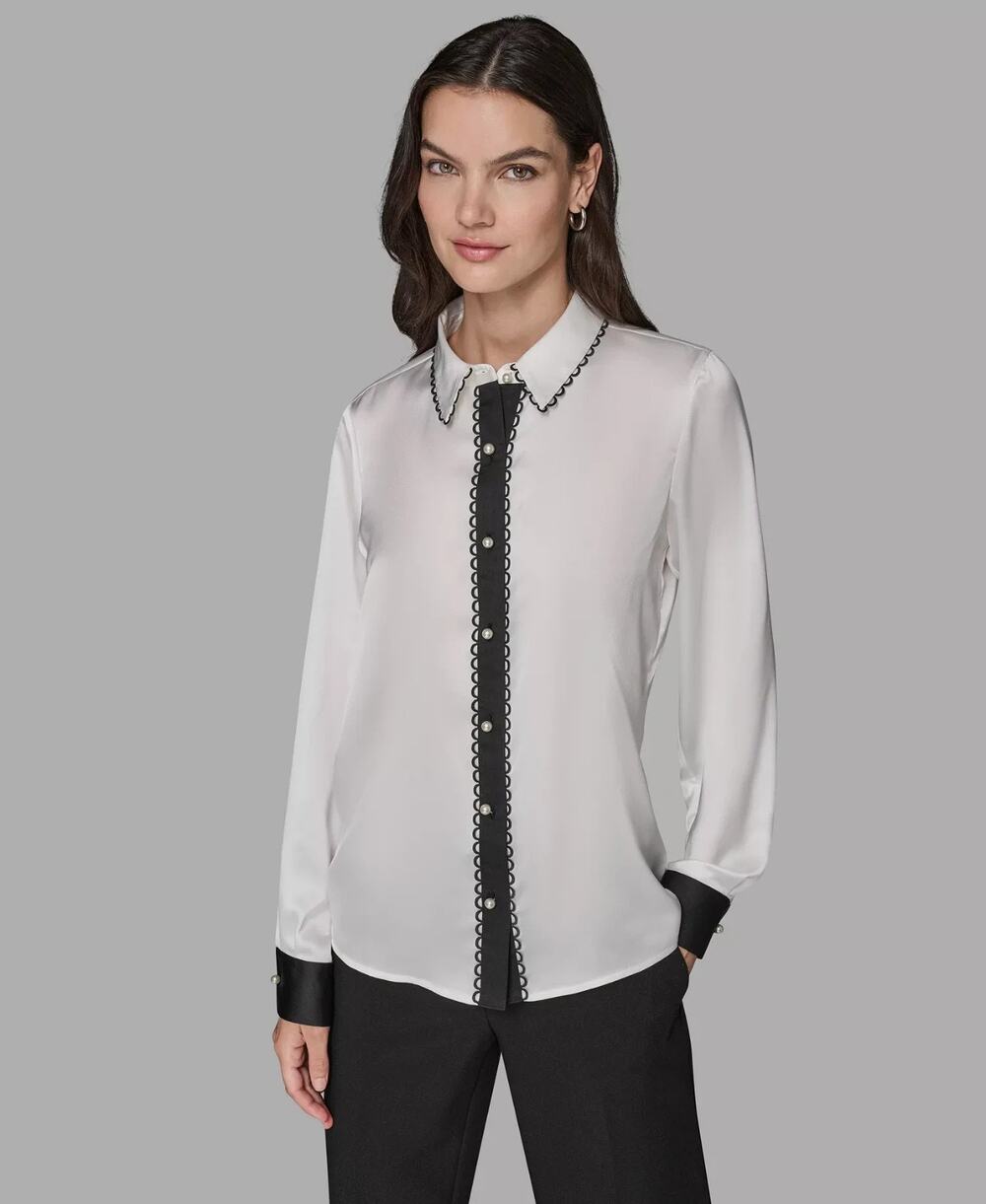 KARL LAGERFELD PARIS Women's Color Block Long Sleeve Top White Size XL 4040